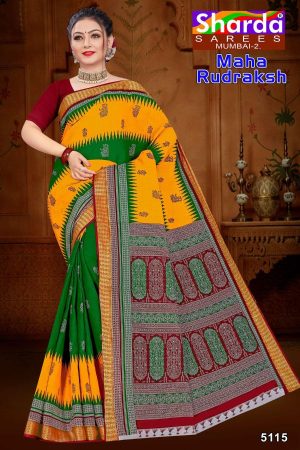 MAHA RUDRAKSH Cotton Saree in Yellow and Green with Authentic Design