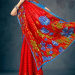 Tulip Garden Cotton Saree with Bright Red and Blue with Flower Design