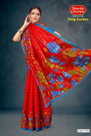 Tulip Garden Cotton Saree with Bright Red and Blue with Flower Design