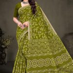 Light green and cream Sagar Kinare malai cotton saree with embroidery design