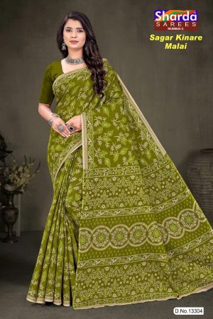 Light green and cream Sagar Kinare malai cotton saree with embroidery design