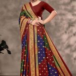 Rim Zim Gold cotton saree in maroon, dark blue, and green with simple design