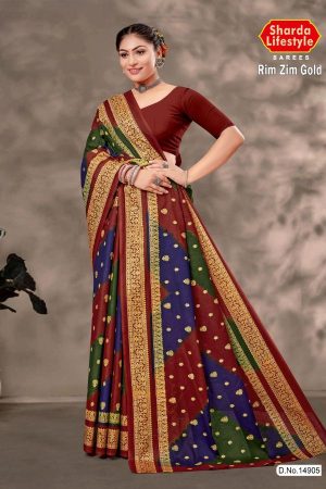 Rim Zim Gold cotton saree in maroon, dark blue, and green with simple design