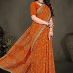 Orange and grey Sagar Kinare malai cotton saree with embroidery design