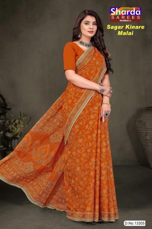 Orange and grey Sagar Kinare malai cotton saree with embroidery design