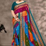 Rim Zim Gold cotton saree in dark pink, sky blue, and green with simple design