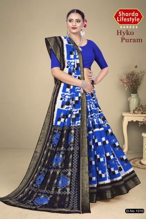 Hyko Puram Vol.02 Cotton Saree in Blue and Black with Premium Design