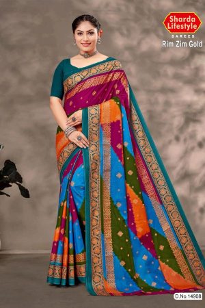 Rim Zim Gold cotton saree in dark pink, sky blue, and green with simple design