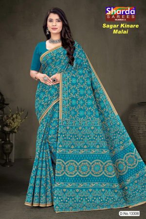 Sky blue and grey Sagar Kinare malai cotton saree with embroidery design