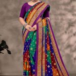 Rim Zim Gold cotton saree in purple, navy blue, and orange with simple design