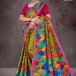 Colour Cocktail BP cotton saree with light pink border, mehndi color body, and multi-color creativity design