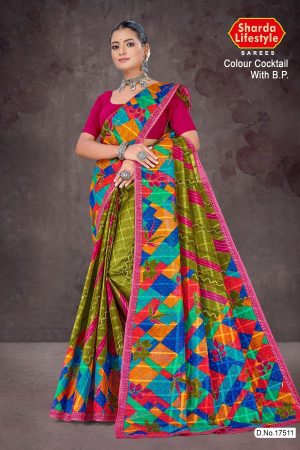 Colour Cocktail BP cotton saree with light pink border, mehndi color body, and multi-color creativity design