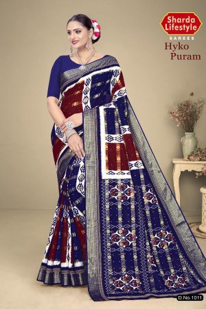 Hyko Puram Vol.02 Cotton Saree in Red and Navy Blue with Premium Design