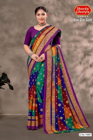 Rim Zim Gold cotton saree in purple, navy blue, and orange with simple design