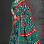 Patan Patola Siroski cotton saree in peacock green, red, and orange with simple design