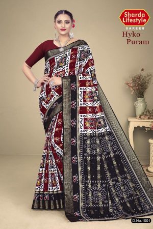 Hyko Puram Vol.02 Cotton Saree in Dark Red and Black with Premium Design