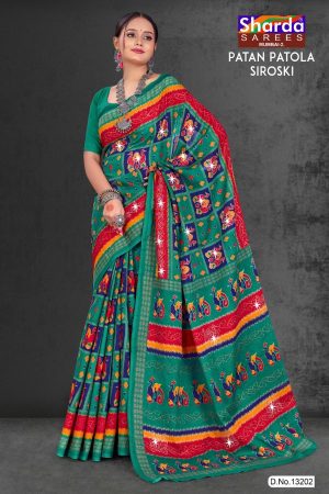 Patan Patola Siroski cotton saree in peacock green, red, and orange with simple design