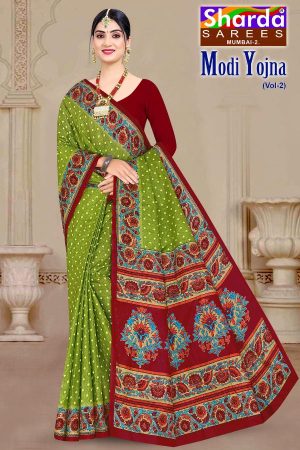 Explore the MODI YOJNA VOL-2 cotton saree in light green and red, designed for elegance and comfort.