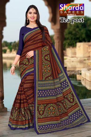 Tea Post Vol-2 Cotton Saree with Brown and Dark Blue – Bold and Stunning Design