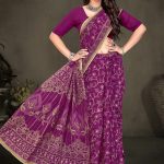 Purple and grey Sagar Kinare malai cotton saree with embroidery design