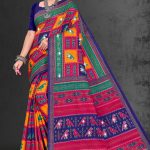 Patan Patola Siroski cotton saree in orange, dark pink, and dark blue with simple design