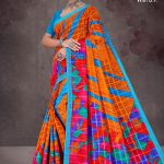 Colour Cocktail BP cotton saree with sky blue border, orange color body, and multi-color creativity design