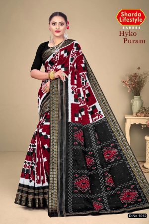 Hyko Puram Vol.02 Cotton Saree in Bright Red and Black with Premium Design