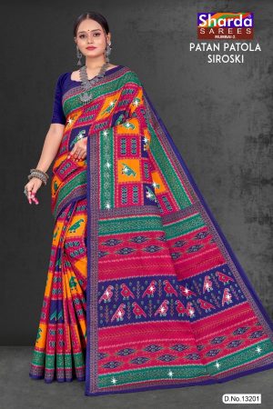 Patan Patola Siroski cotton saree in orange, dark pink, and dark blue with simple design