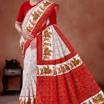 Deep Laxmi White Red cotton saree with white and red colors and Maharaja design