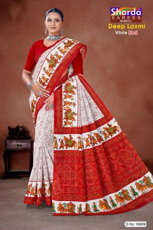 Deep Laxmi White Red cotton saree with white and red colors and Maharaja design