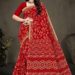 Red and cream Sagar Kinare malai cotton saree with embroidery design