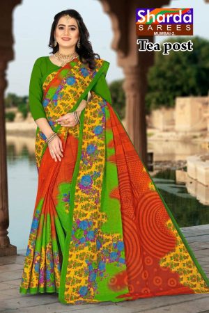 Tea Post Vol-2 Cotton Saree with Green and Orange – Stunning Bold Design