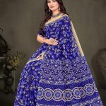 Royal blue and grey Sagar Kinare malai cotton saree with embroidery design