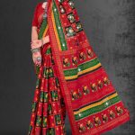 Patan Patola Siroski cotton saree in red, yellow, and green with simple design