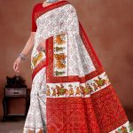 Deep Laxmi White Red cotton saree with red dot new style and Maharaja design