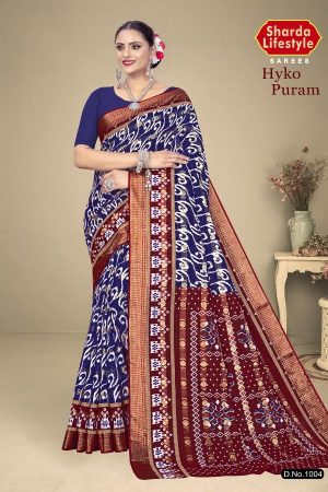 Experience the perfect blend of elegance and comfort with the Hyko Puram Vol.02 Cotton Saree in dark blue and maroon.