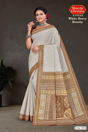 White Berry Beauty cotton saree in white and light brown with simple design