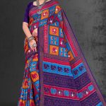 Patan Patola Siroski cotton saree in blue, navy blue, and orange with simple design