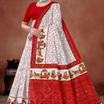 Deep Laxmi White Red cotton saree with red dot leaves and Maharaja design