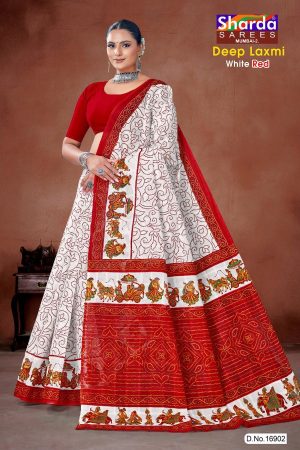 Deep Laxmi White Red cotton saree with red dot leaves and Maharaja design