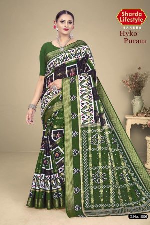 Hyko Puram Vol.02 Cotton Saree in Dark Green and Black with Premium Design