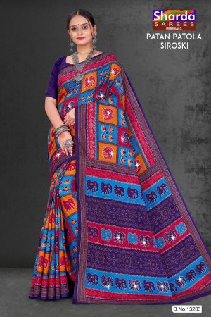 Patan Patola Siroski cotton saree in blue, navy blue, and orange with simple design