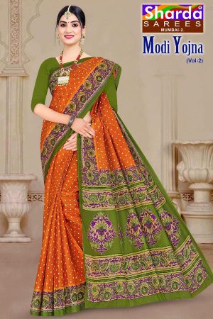 MODI YOJNA VOL-2 Cotton Saree in Orange and Mehndi with Awesome Design