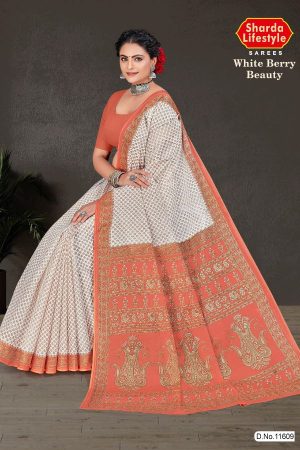 White Berry Beauty cotton saree in white and light orange with simple design