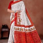 Deep Laxmi White Red Cotton Saree with Red Dot Kalash and Maharaja Design