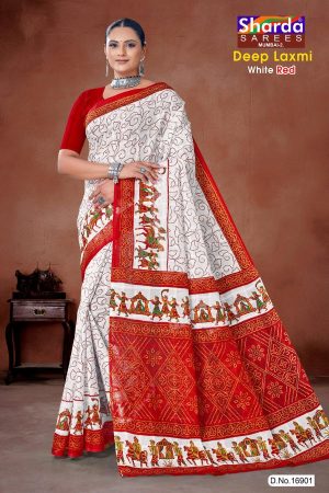 Deep Laxmi White Red Cotton Saree with Red Dot Kalash and Maharaja Design