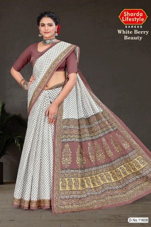 White Berry Beauty cotton saree in white and light dull purple with simple design