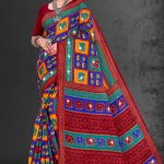 Patan Patola Siroski cotton saree in maroon, peacock green, and orange with simple design