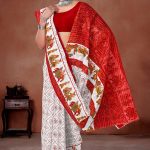 Deep Laxmi White Red Cotton Saree with Red Dot Single Leaves and Maharaja Design