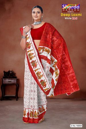 Deep Laxmi White Red Cotton Saree with Red Dot Single Leaves and Maharaja Design